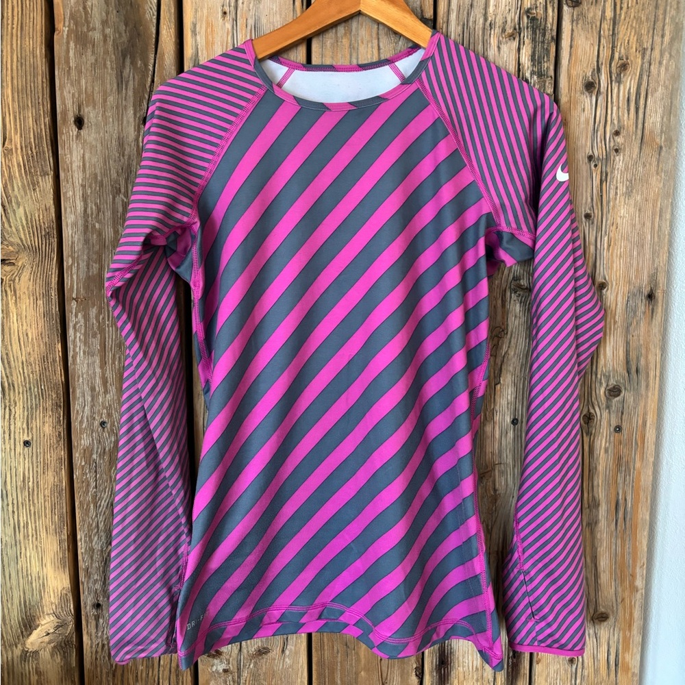 Nike Pro Striped Long Sleeve Top - Pink & Gray